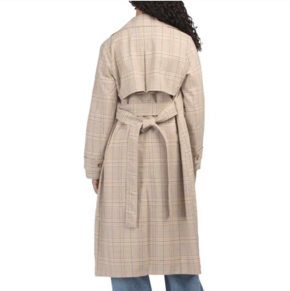 bagatelle Beige Plaid Double-Breasted Trench Coat - Picture 3 of 17